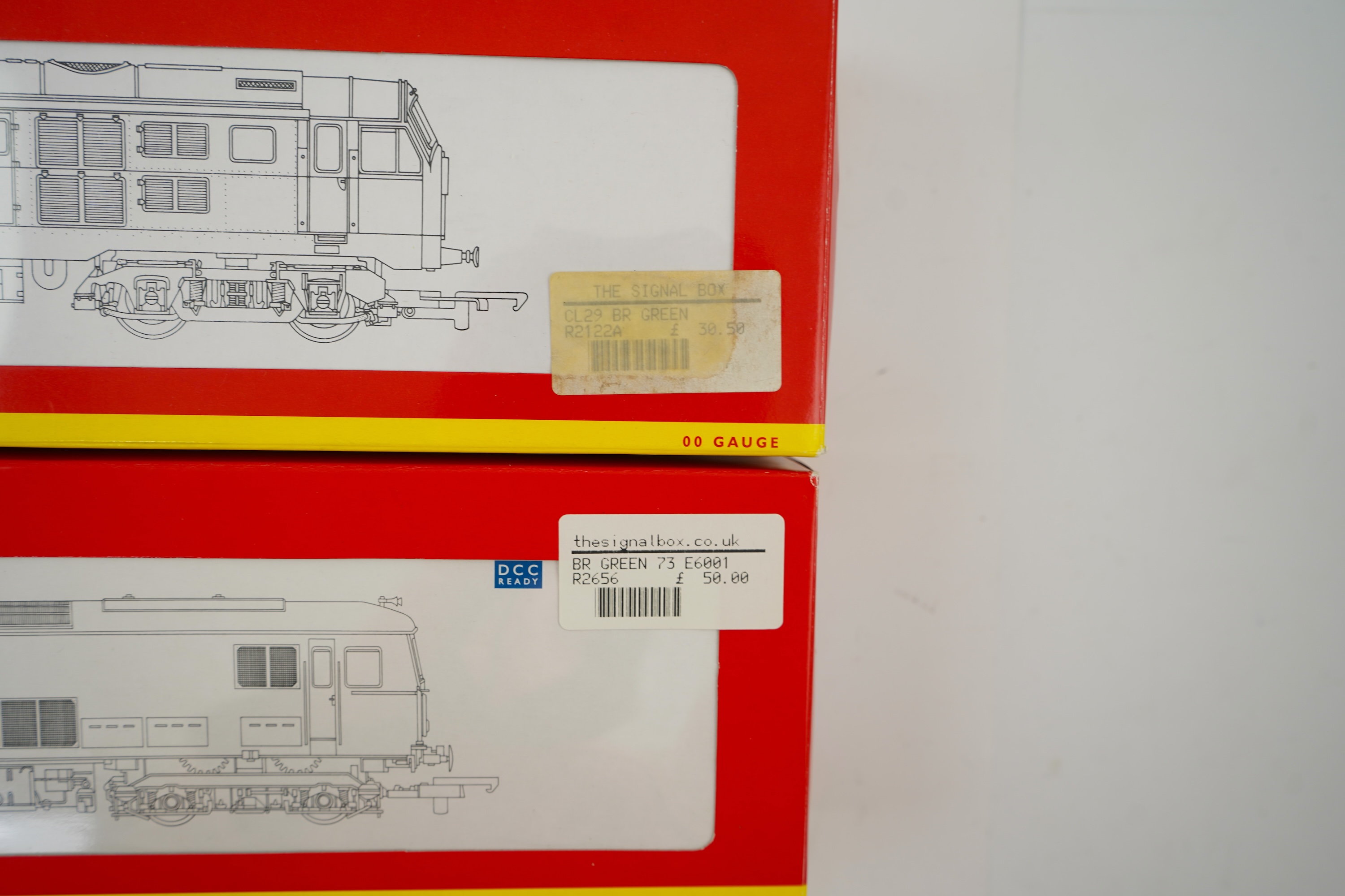 Two boxed Hornby Hobbies 00 gauge railway BR diesel-electric locomotives; a class 73 Bo-Bo, E6001, (R2656), together with a class 29 Bo-Bo, D6119, (R2122A)